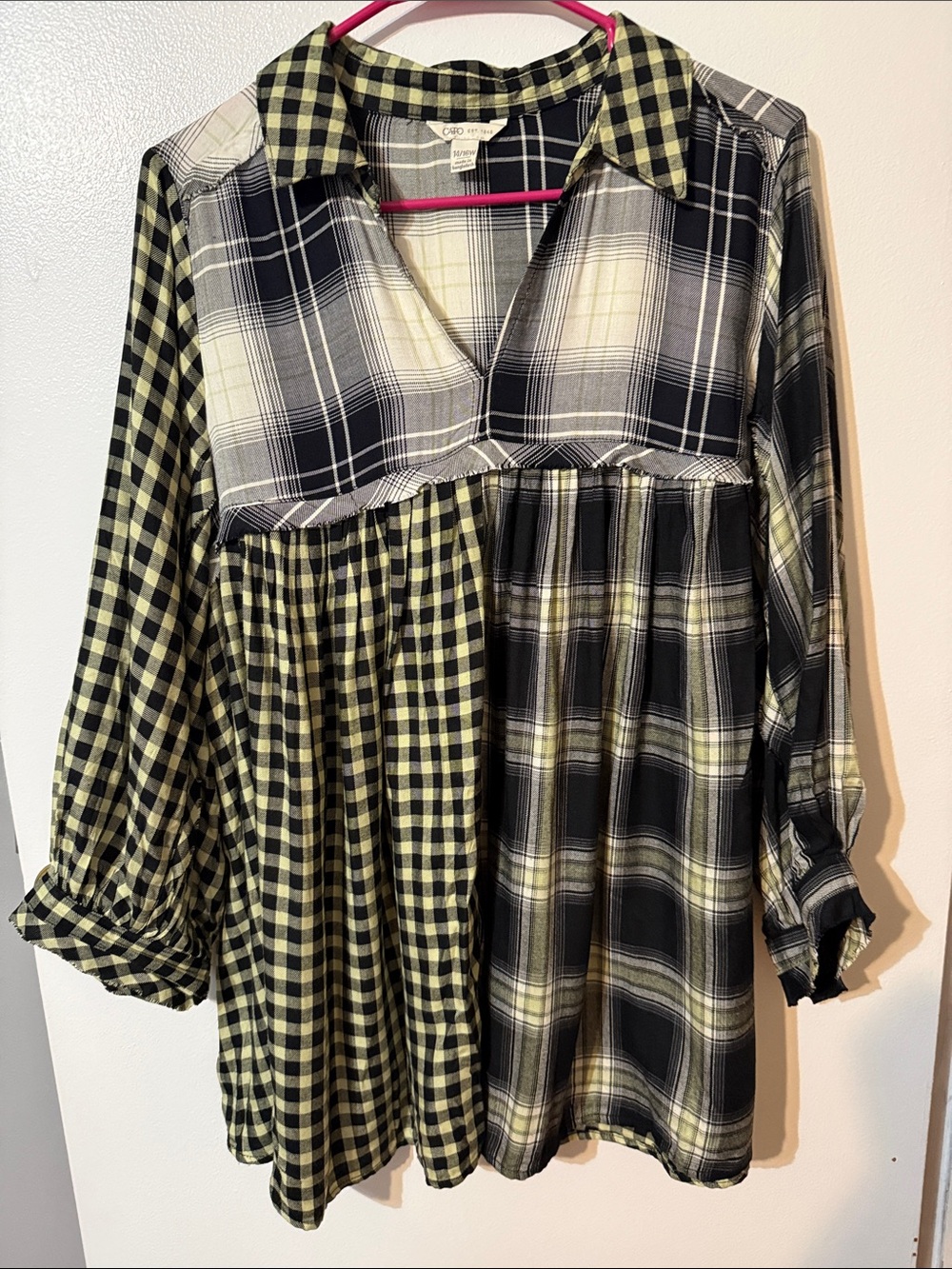 Cato Mixed Plaid Long-Sleeve Tunic Dress in Black and Yellow